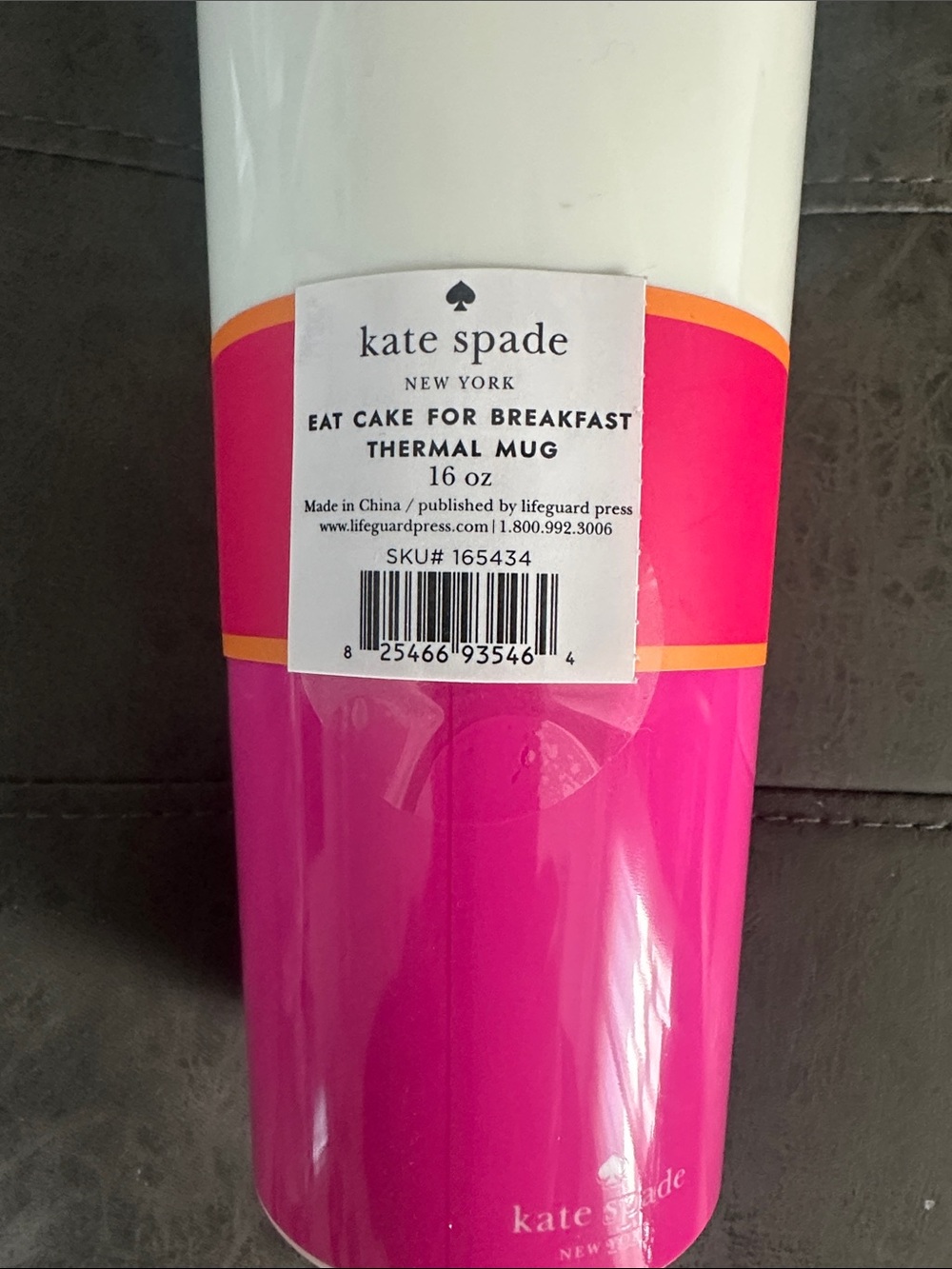 NWT kate spade White, Hot Pink & Black 'Eat Cake for Breakfast' Travel Mug - Picture 3 of 10